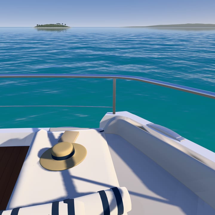 A sun pad on the foredeck with a straw hat, a book and a striped towel, turquoise water beyond the rail.