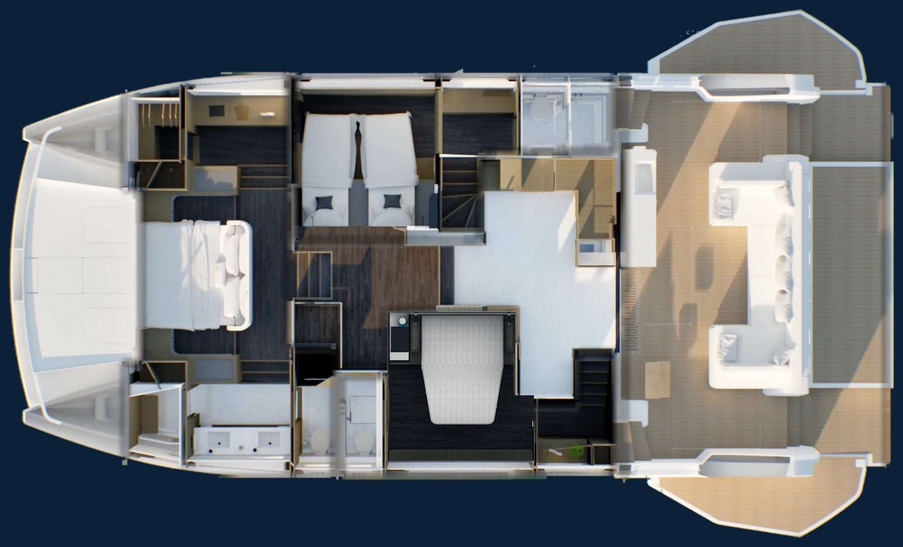 The deck plan of the 52′ Exploration from above; the third cabin is outlined