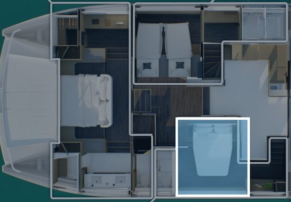 Deck plan: the third cabin is highlighted in the port hull, aft of the master cabin